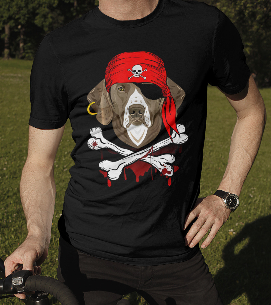 Weimaraner Dog Dad In Pirate Costume With Skull And Crossbones Bandana T-Shirt