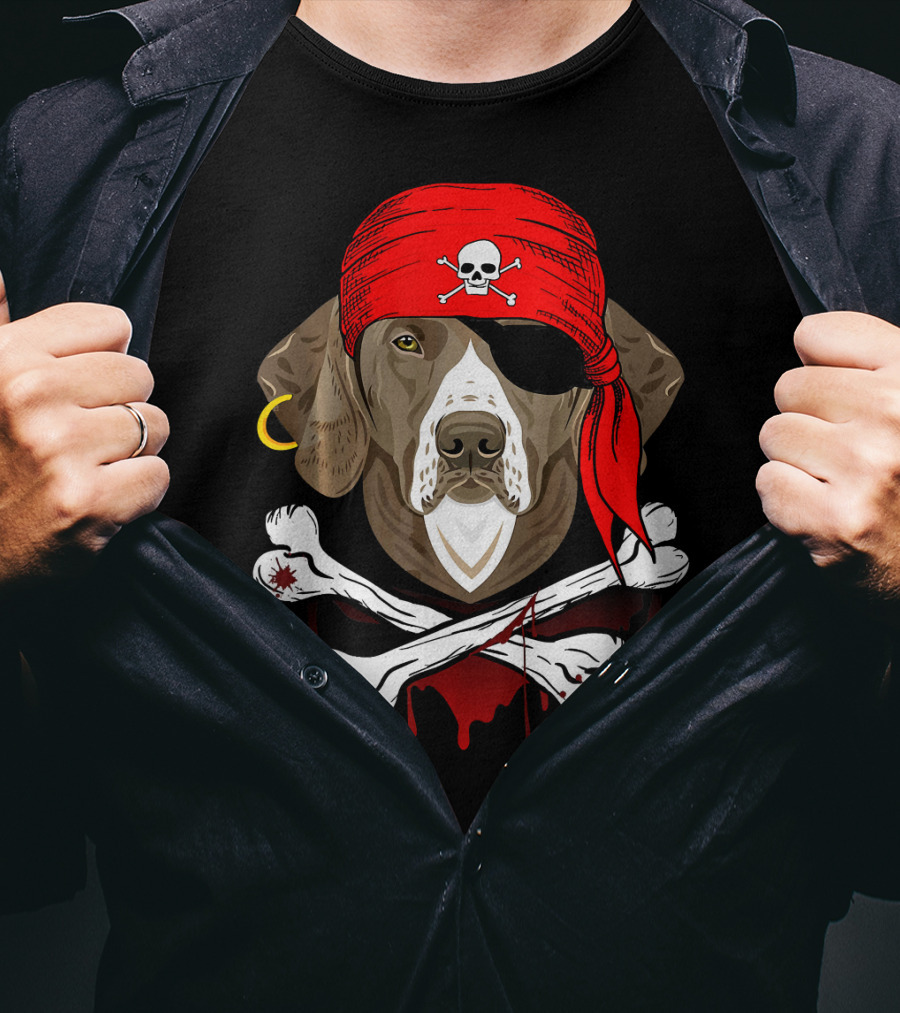 Weimaraner Dog Dad In Pirate Costume With Skull And Crossbones Bandana T-Shirt