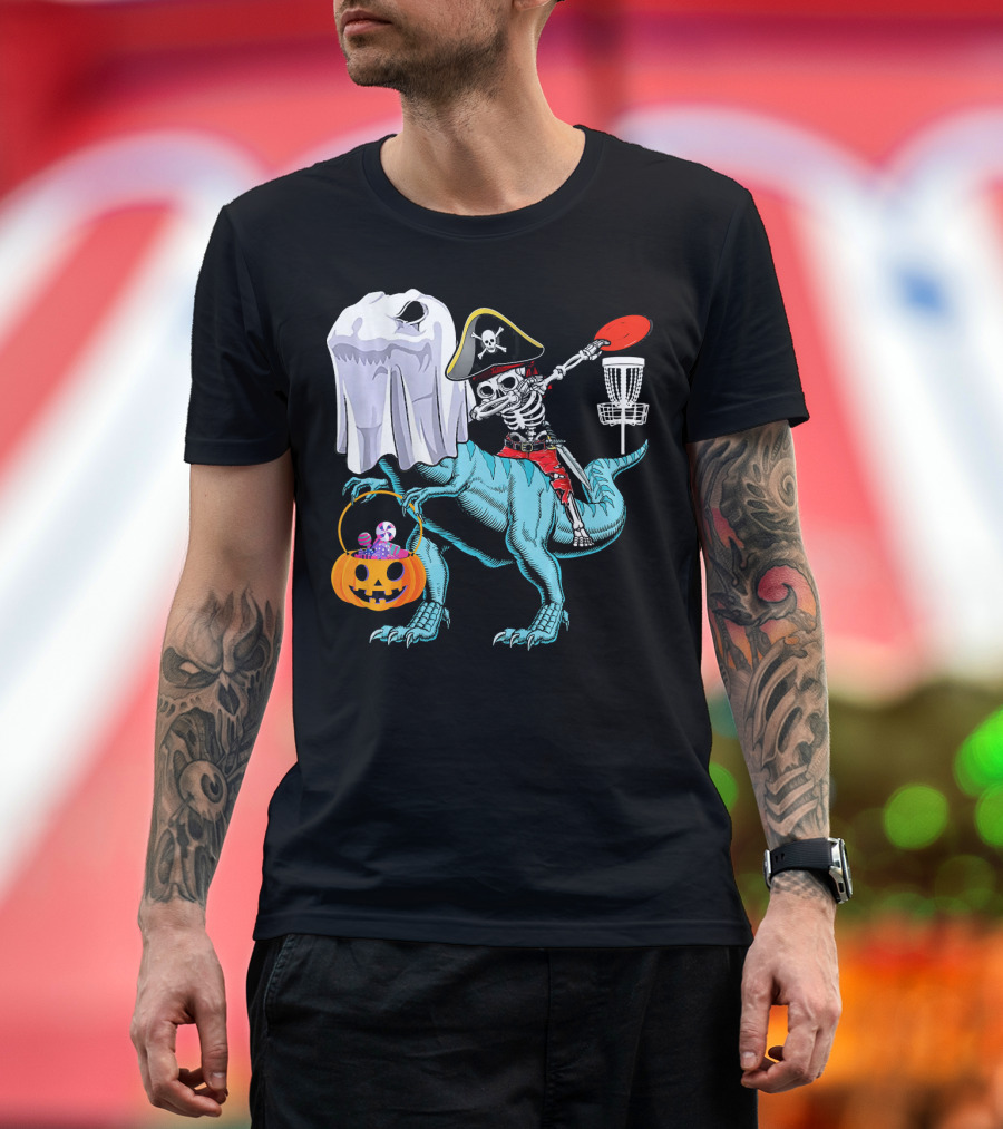 Dab Jolly Roger Skeleton Pirate On Dinosaur With Ghost Pumpkin And Frisbee T-Shirt