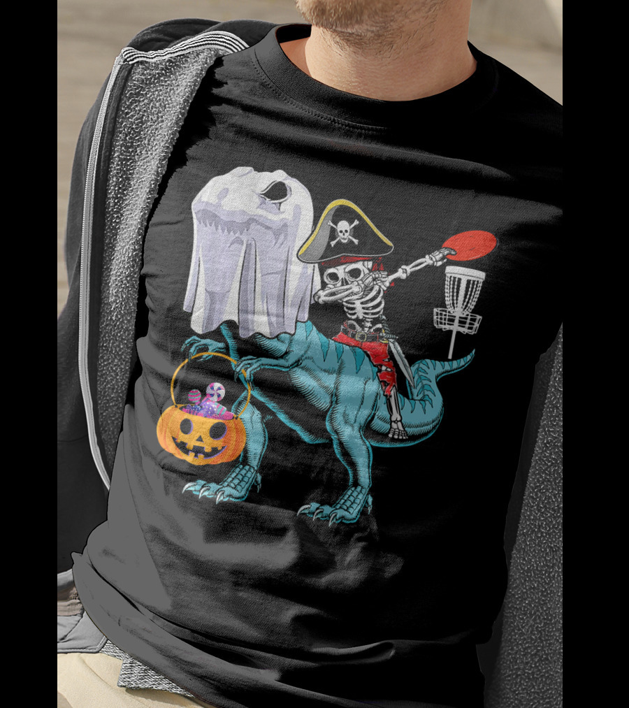 Dab Jolly Roger Skeleton Pirate On Dinosaur With Ghost Pumpkin And Frisbee T-Shirt