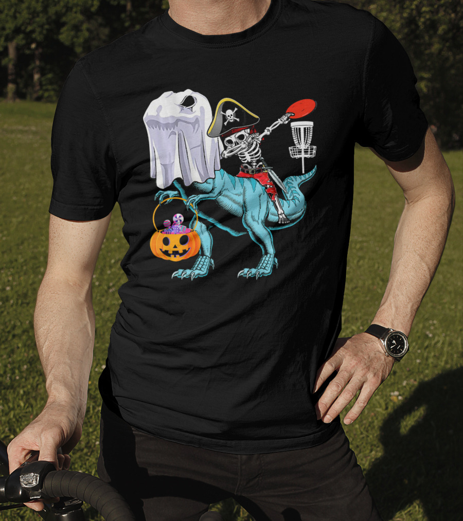 Dab Jolly Roger Skeleton Pirate On Dinosaur With Ghost Pumpkin And Frisbee T-Shirt
