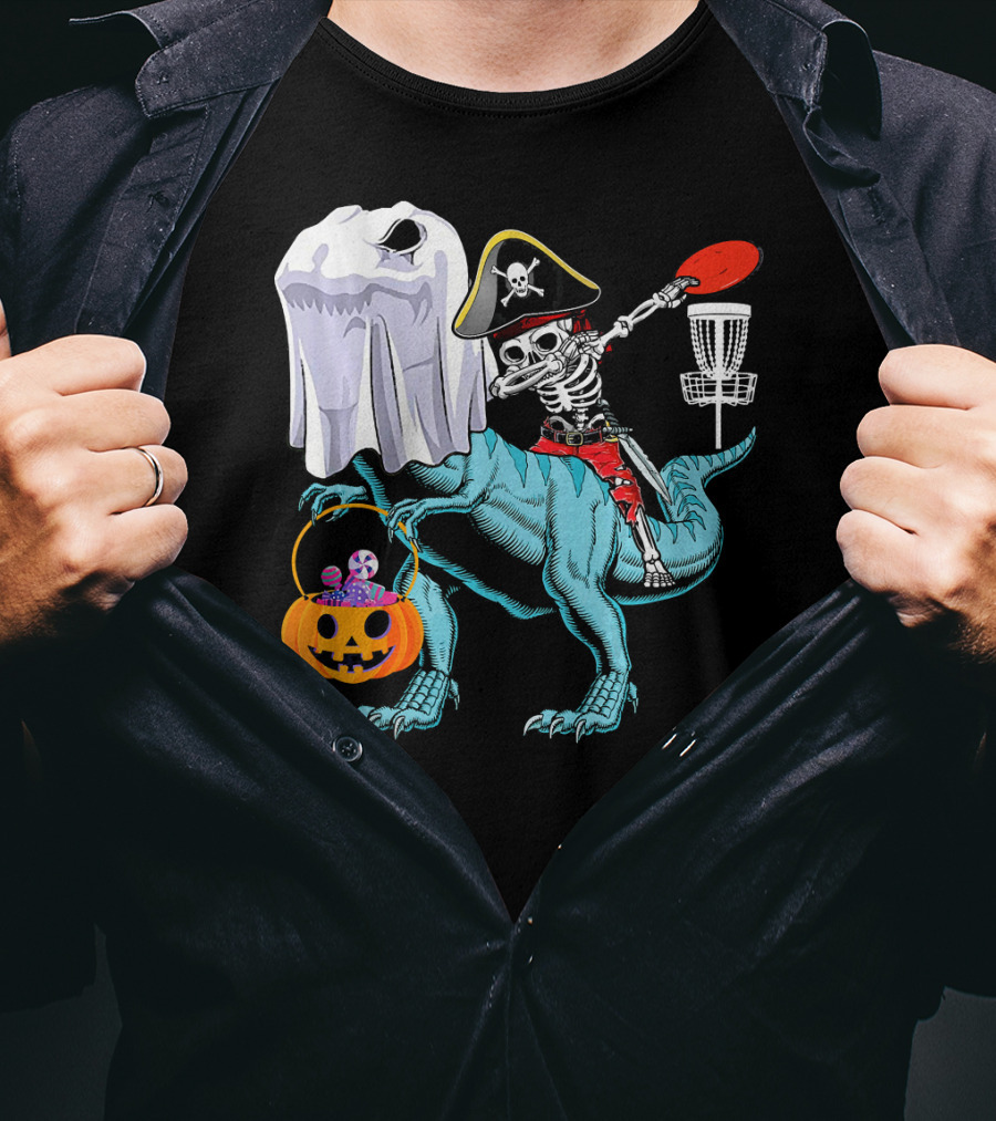 Dab Jolly Roger Skeleton Pirate On Dinosaur With Ghost Pumpkin And Frisbee T-Shirt