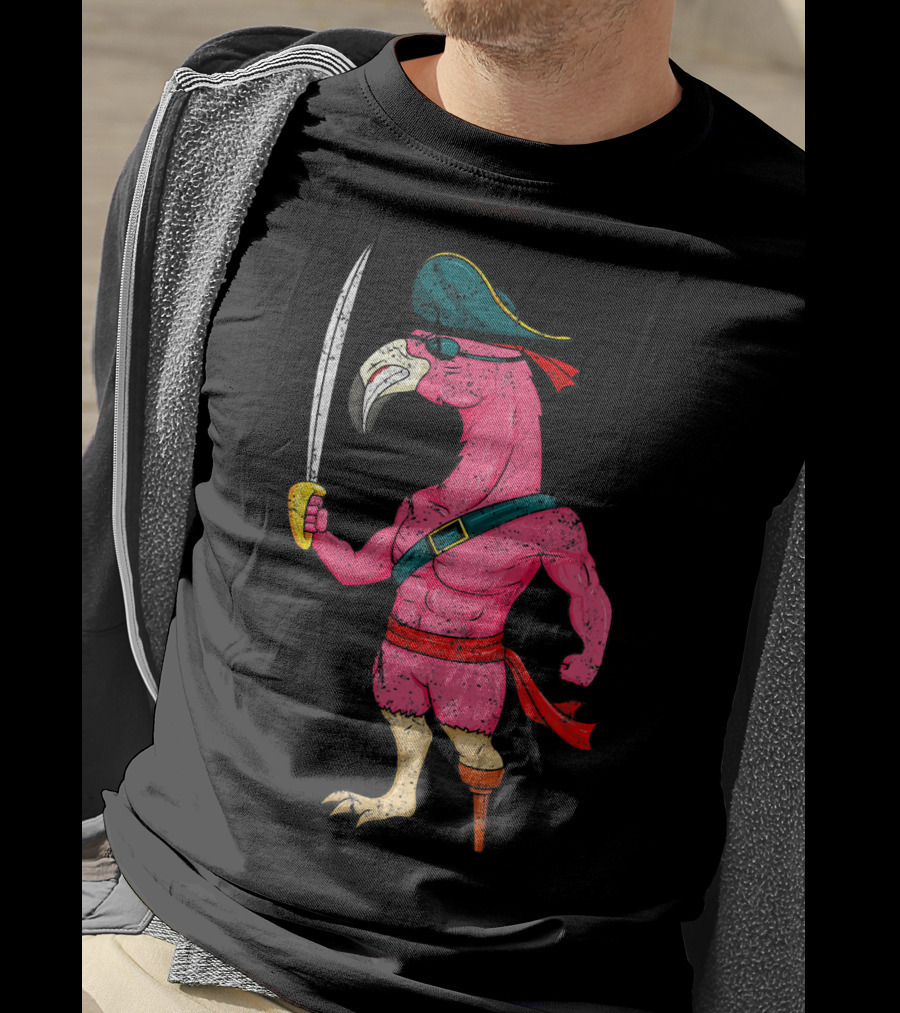 Vintage Pirate Pink Flamingo With Pirate Hat And Wooden Leg Sword T-Shirt