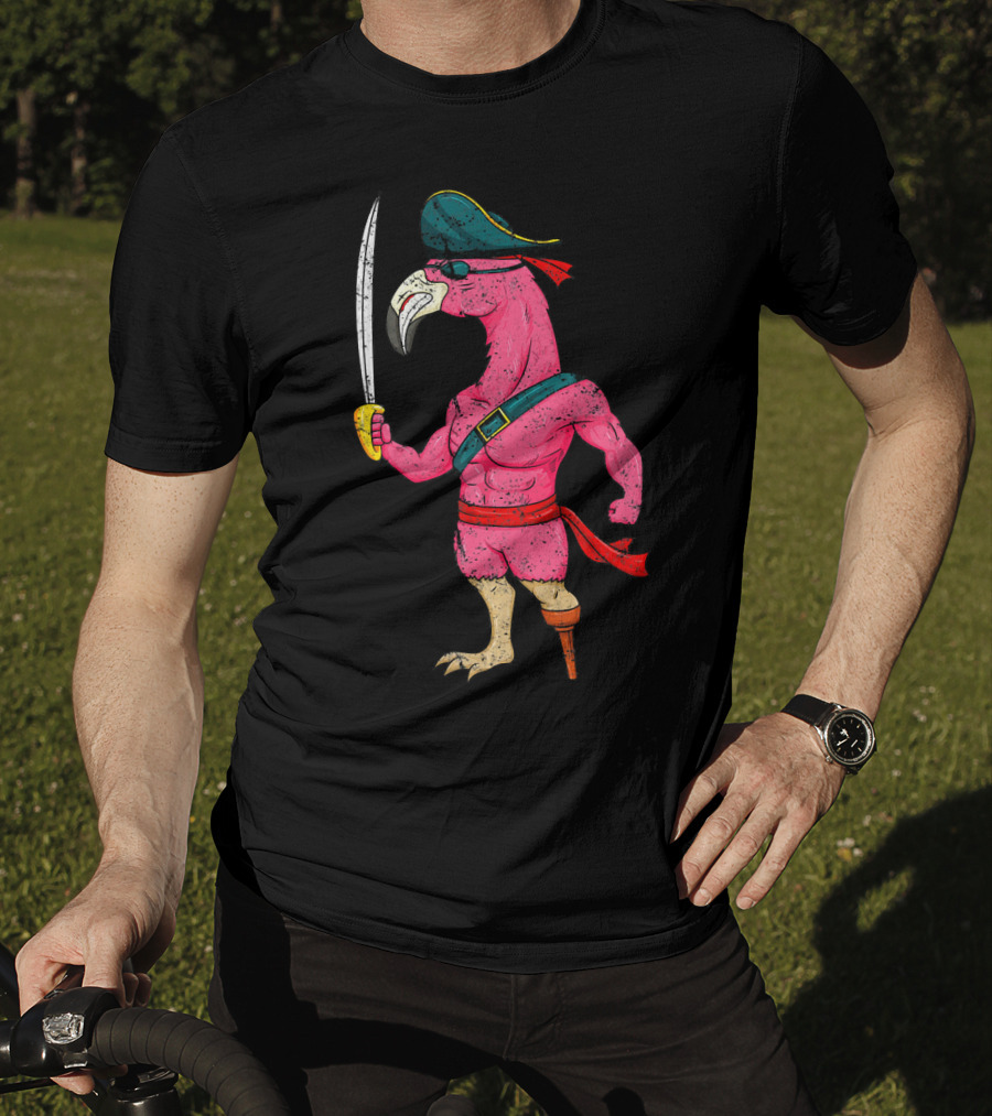 Vintage Pirate Pink Flamingo With Pirate Hat And Wooden Leg Sword T-Shirt