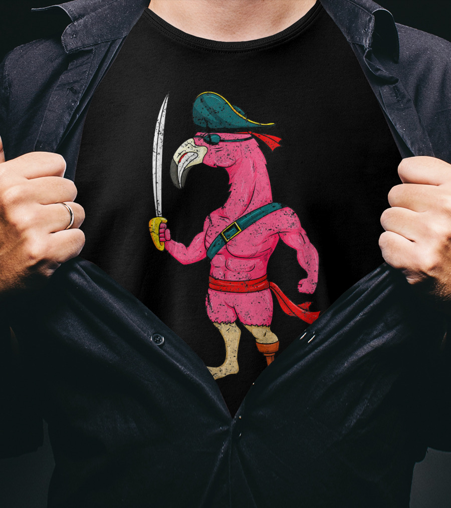Vintage Pirate Pink Flamingo With Pirate Hat And Wooden Leg Sword T-Shirt