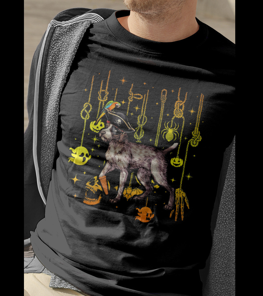 German Wirehaired Pointer Pirate Halloween Ghosts And Skulls T-Shirt