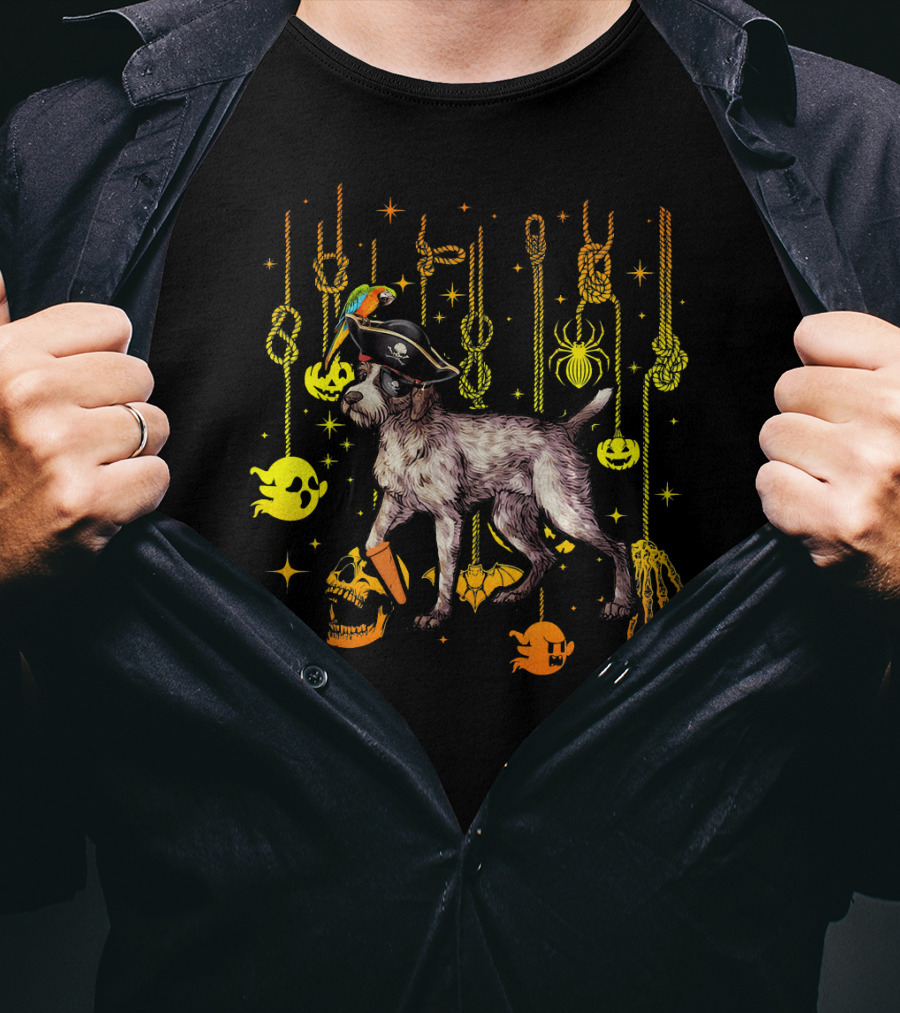 German Wirehaired Pointer Pirate Halloween Ghosts And Skulls T-Shirt