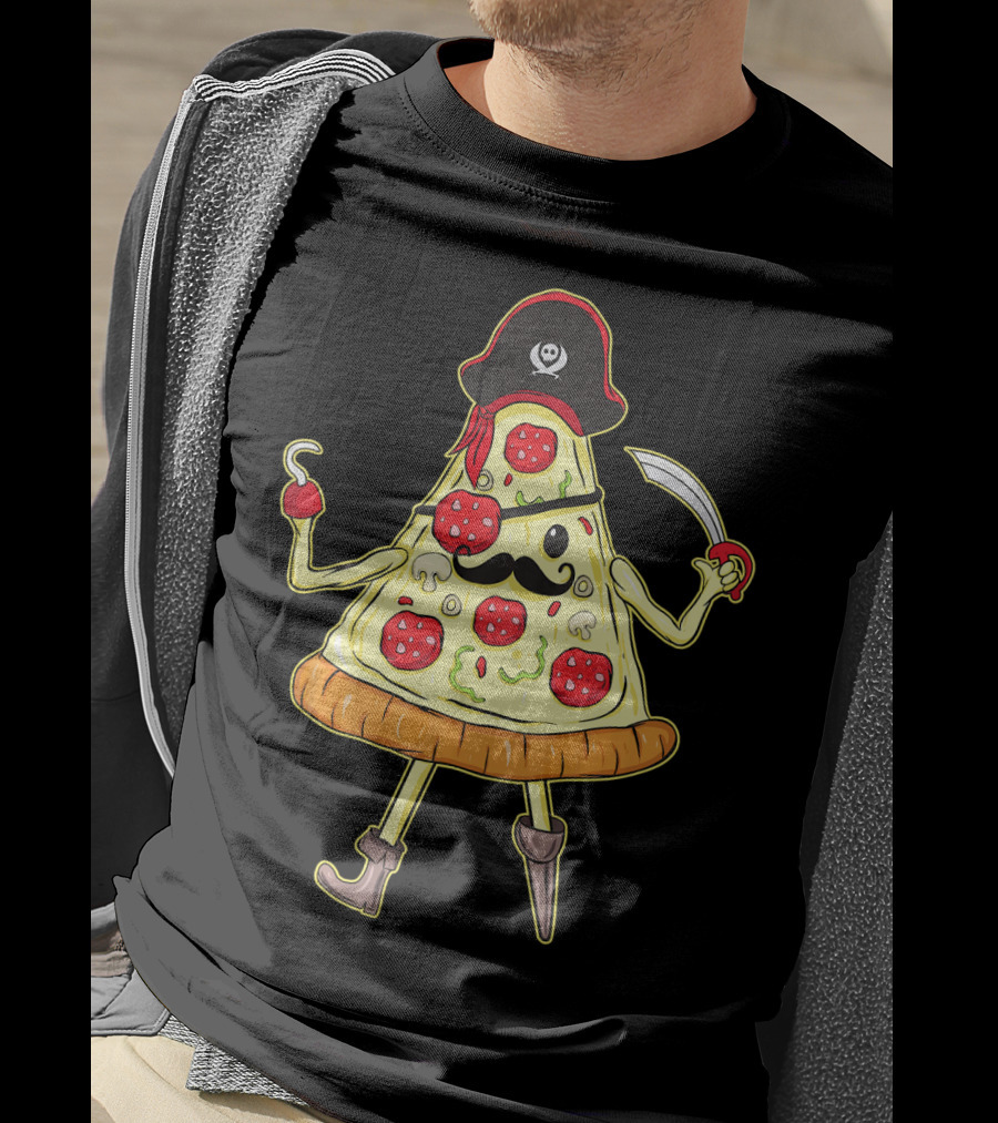 Funny Mustache Pirate Pizza Slice With Hook And Sword T-Shirt