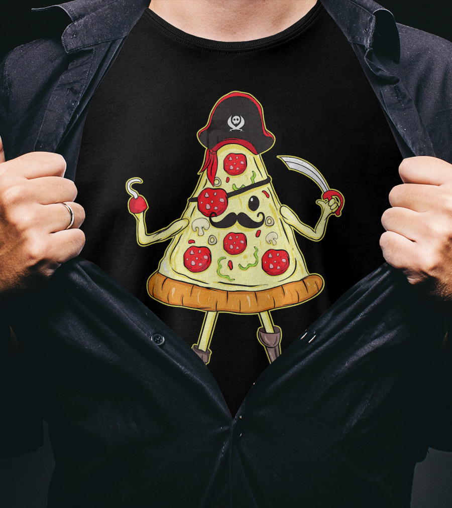 Funny Mustache Pirate Pizza Slice With Hook And Sword T-Shirt