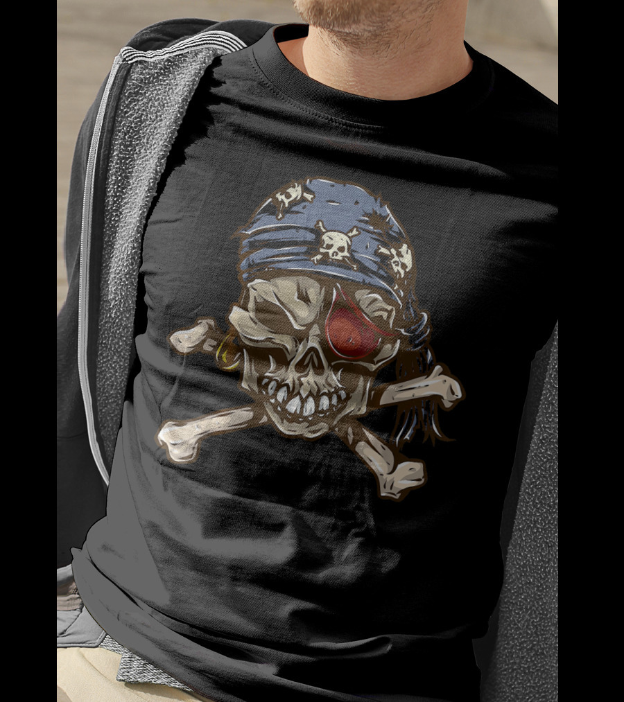 Jolly Roger Skull With Eye Patch And Crossbones Bandana T-Shirt