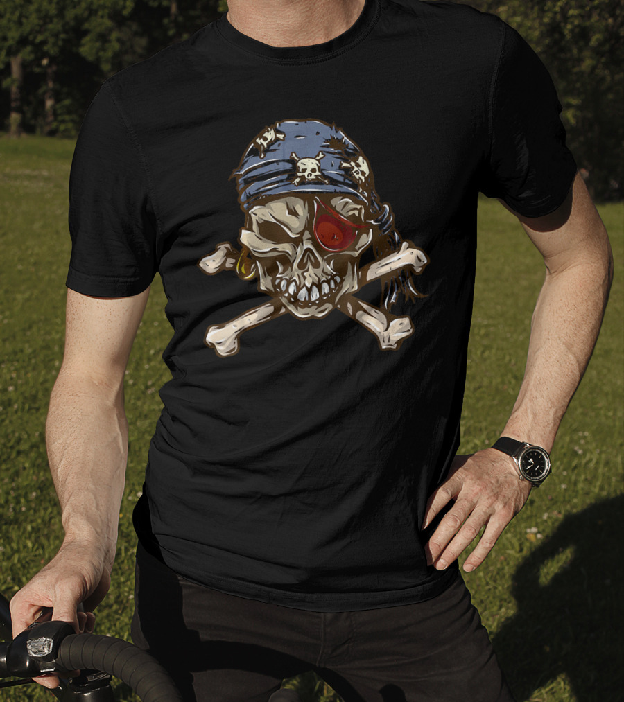 Jolly Roger Skull With Eye Patch And Crossbones Bandana T-Shirt