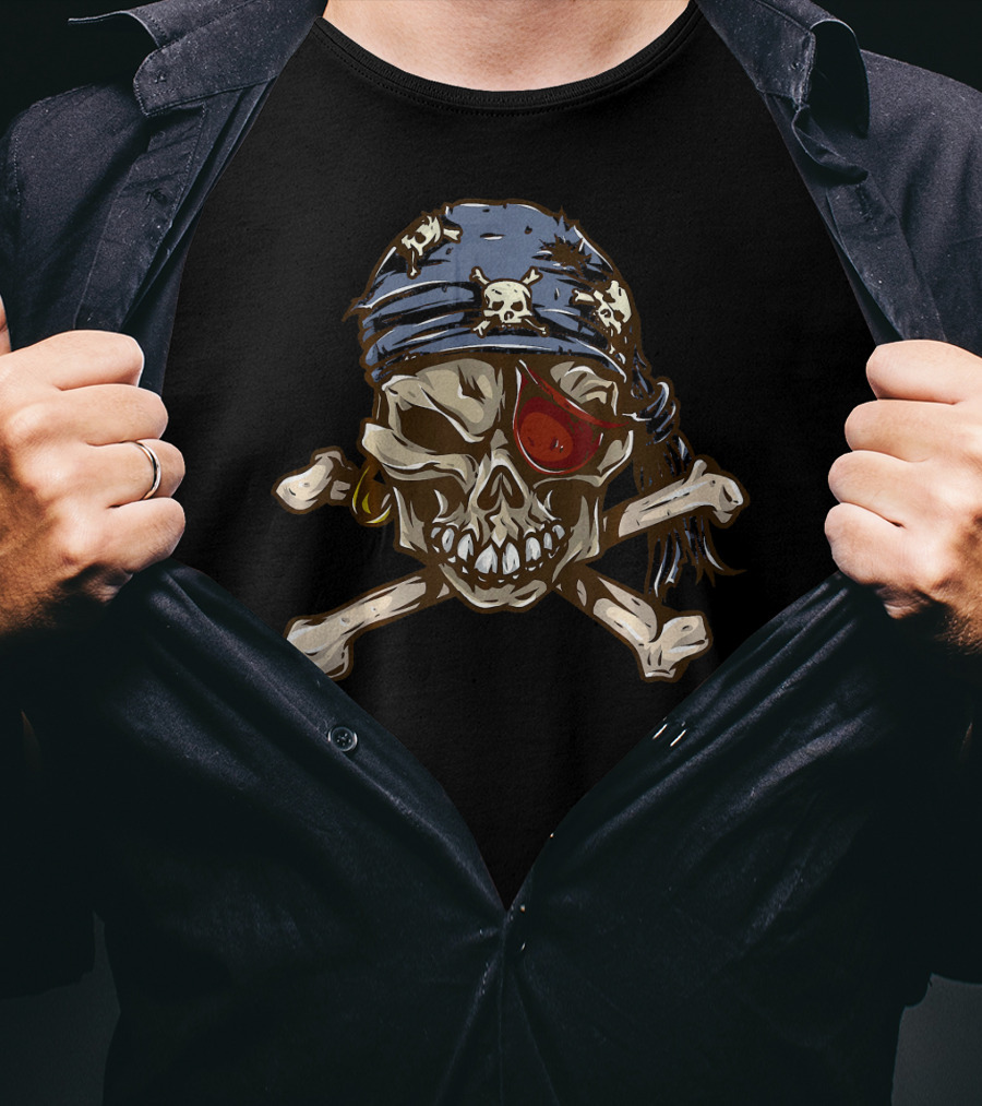 Jolly Roger Skull With Eye Patch And Crossbones Bandana T-Shirt