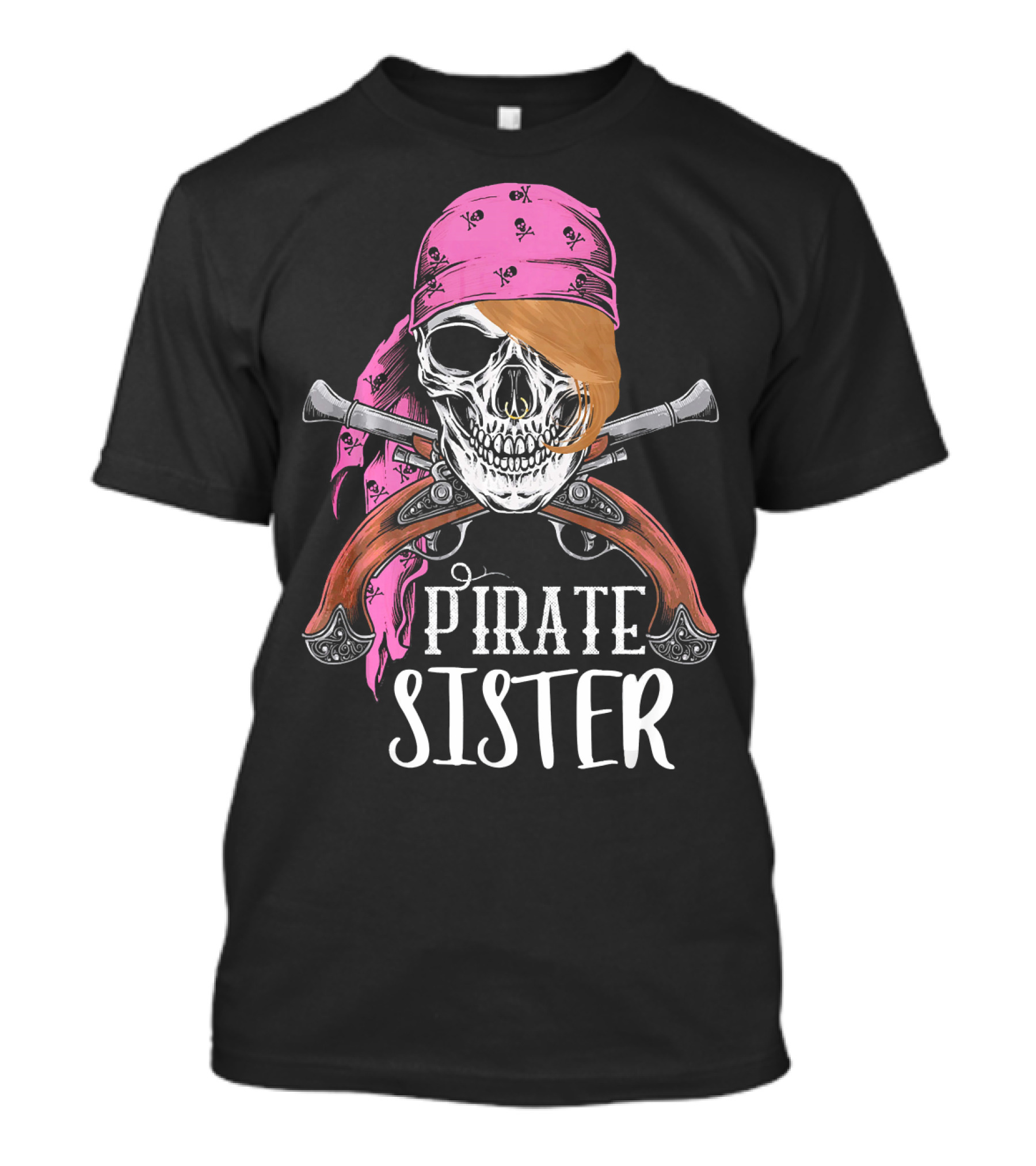 Pirate Sister Skull With Pink Bandana And Crossed Pistols T-Shirt
