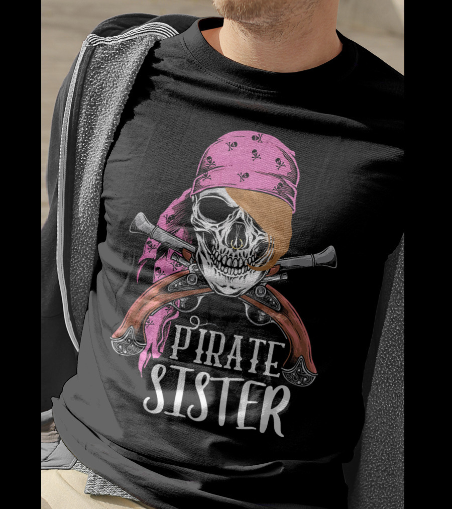 Pirate Sister Skull With Pink Bandana And Crossed Pistols T-Shirt