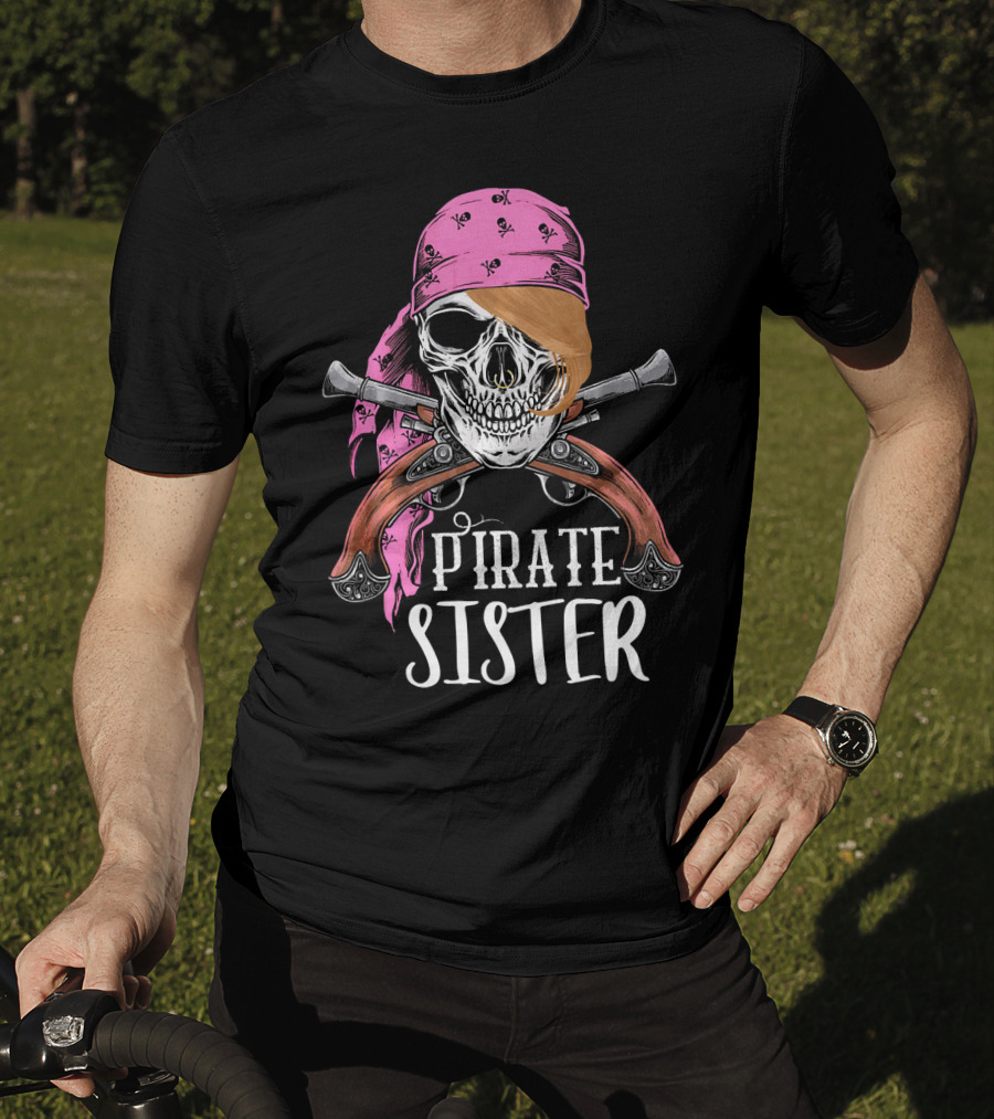 Pirate Sister Skull With Pink Bandana And Crossed Pistols T-Shirt