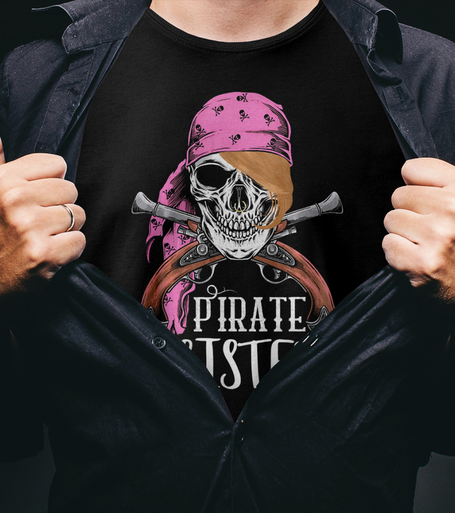 Pirate Sister Skull With Pink Bandana And Crossed Pistols T-Shirt