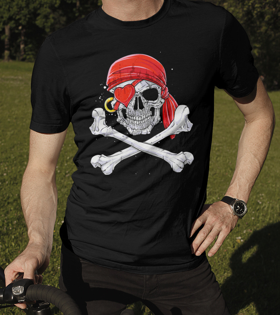 Valentines Day Pirate Skull With Red Bandana And Heart Eye Patch For Him T-Shirt