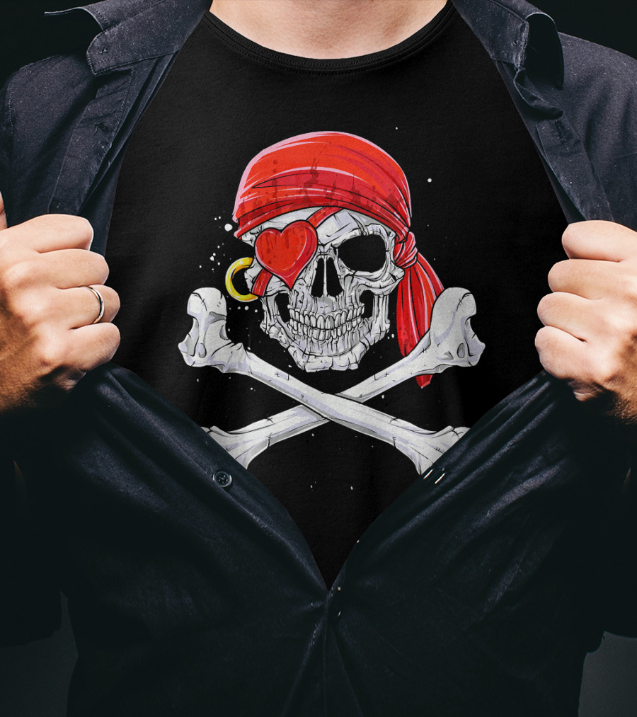 Valentines Day Pirate Skull With Red Bandana And Heart Eye Patch For Him T-Shirt