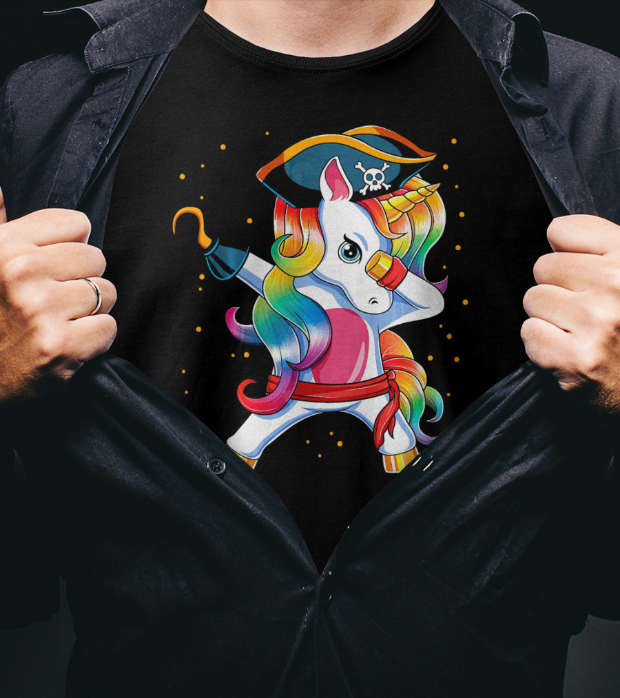 Funny Pirate Unicorn With Rainbow Hair And Eye Patch T-Shirt