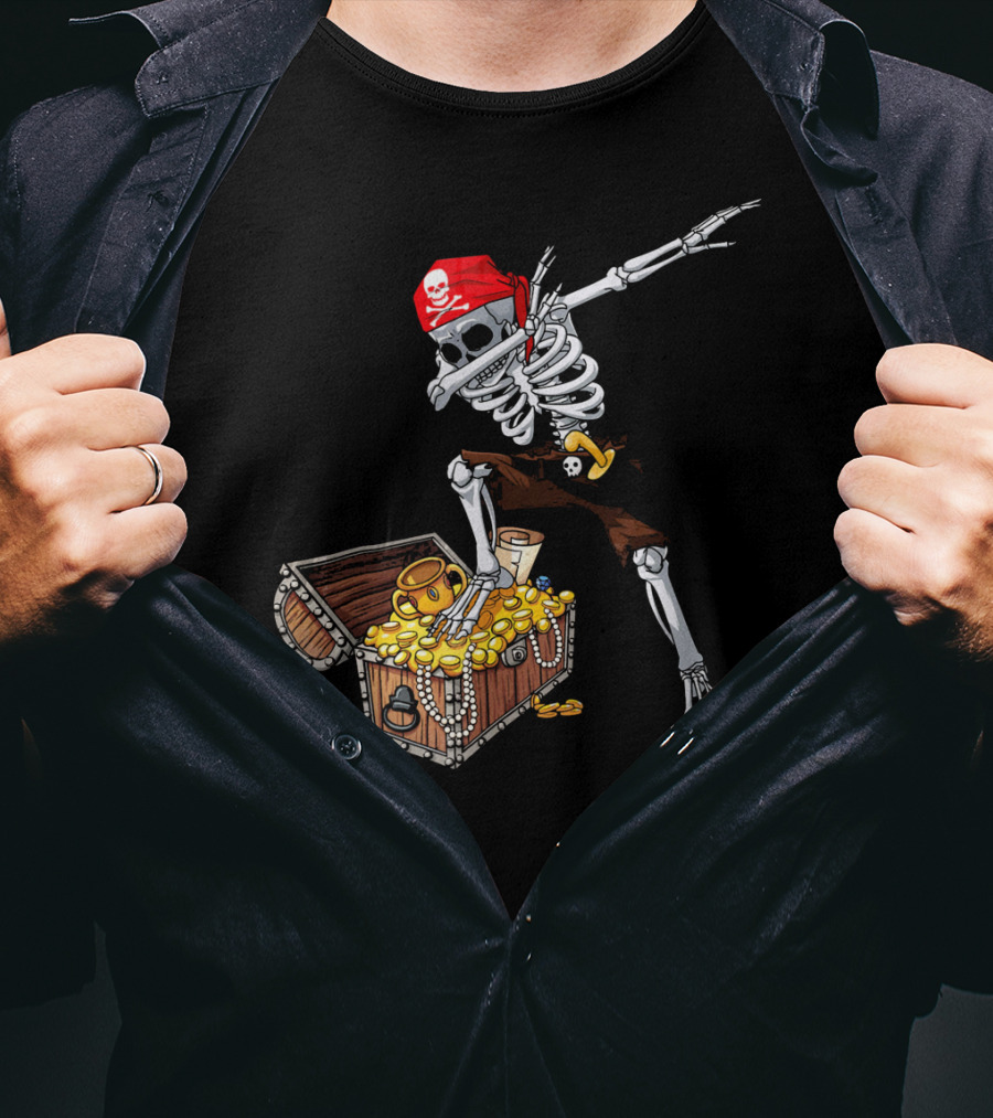 Dabbing Pirate Skeleton With Treasure Chest And Red Skull Bandana T-Shirt