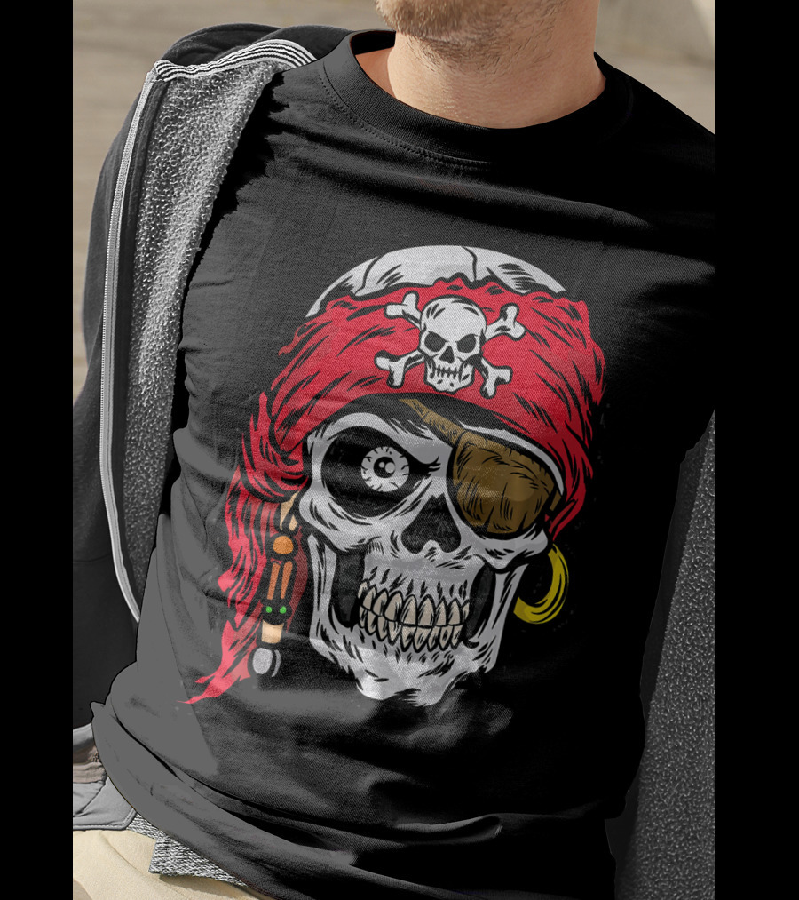 Pirate Skull With Red Bandana And Crossbones Eye Patch Jolly Roger T-Shirt