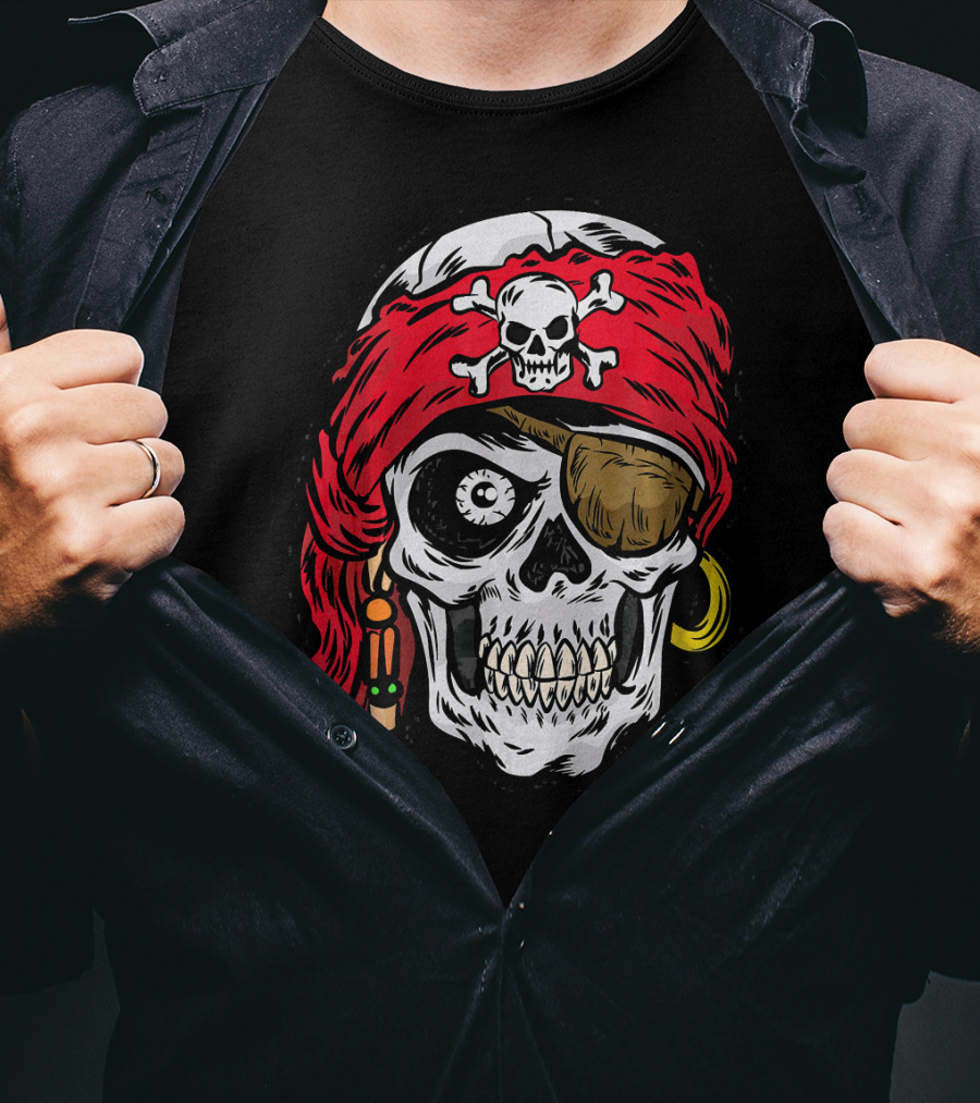 Pirate Skull With Red Bandana And Crossbones Eye Patch Jolly Roger T-Shirt