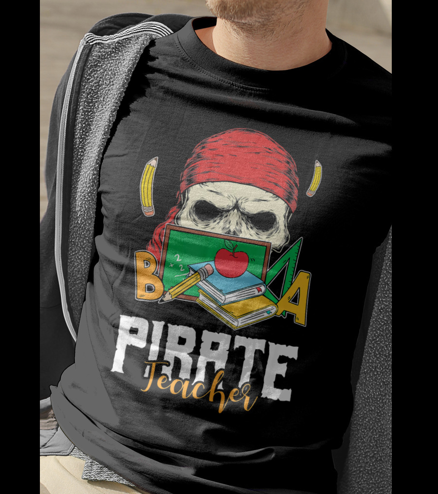 Pirate Teacher Skull Chalkboard Apple Pencils Books Bandana T-Shirt