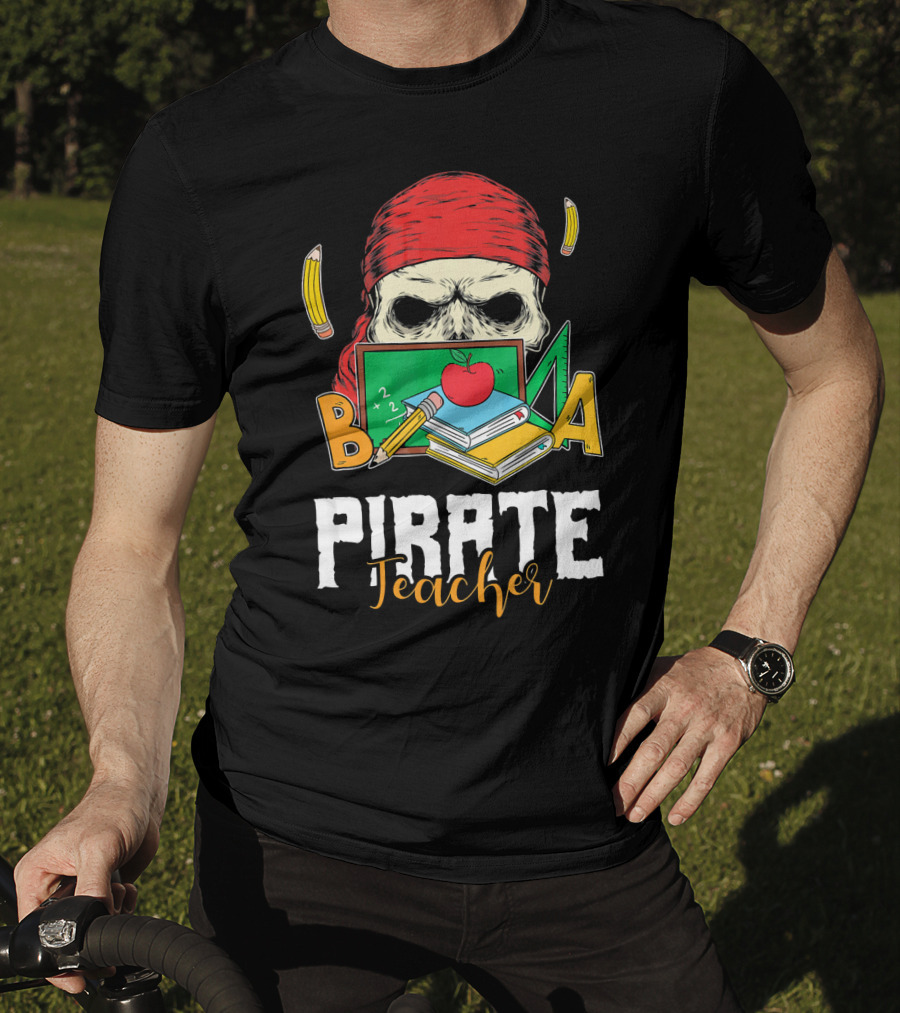 Pirate Teacher Skull Chalkboard Apple Pencils Books Bandana T-Shirt