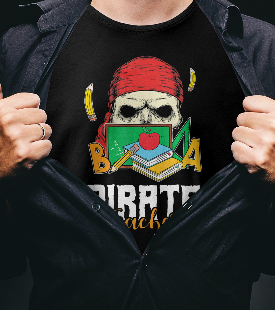 Pirate Teacher Skull Chalkboard Apple Pencils Books Bandana T-Shirt