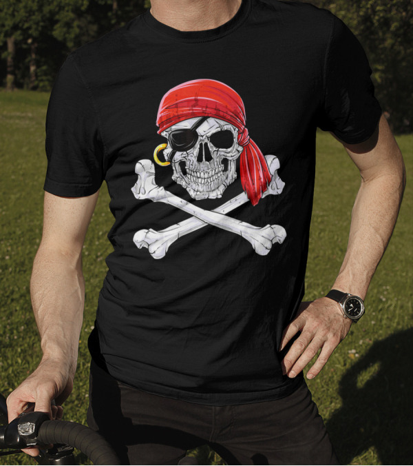 Jolly Roger Flag Skull And Crossbones With Red Bandana And Eyepatch T-Shirt