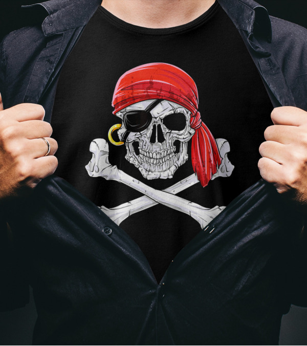 Jolly Roger Flag Skull And Crossbones With Red Bandana And Eyepatch T-Shirt