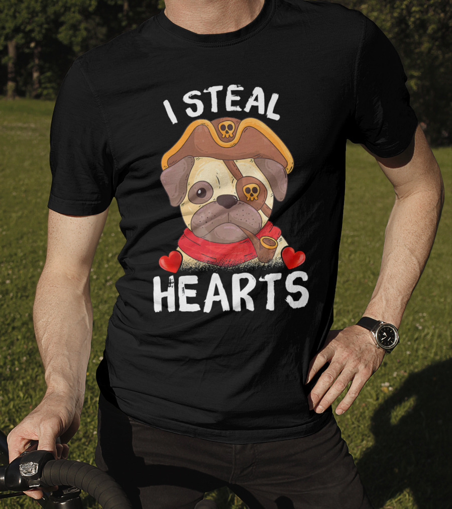 I Steal Hearts Valentines Day Pirate Pug With Pipe And Eyepatch T-Shirt