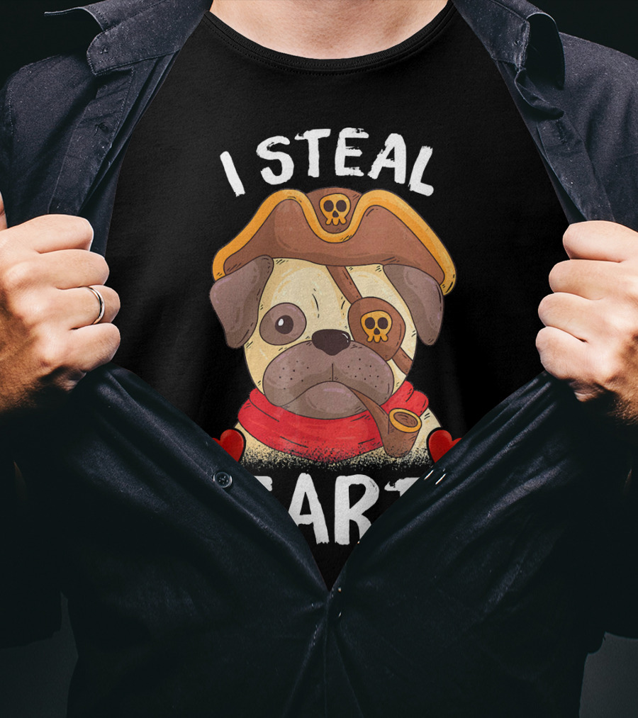 I Steal Hearts Valentines Day Pirate Pug With Pipe And Eyepatch T-Shirt