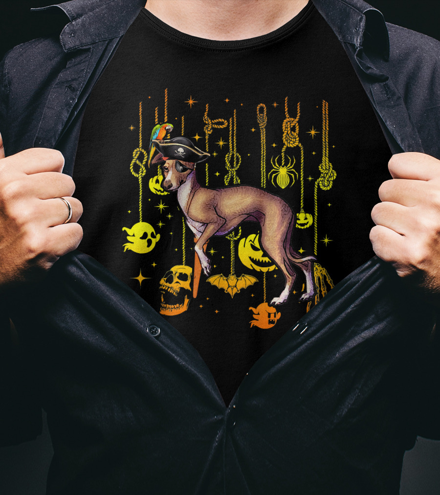 Italian Greyhound Pirate Dog With Halloween Ghosts And Skulls T-Shirt