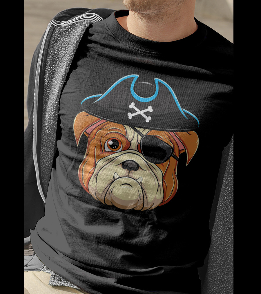 English Bulldog Pirate Hat Eye Patch Skull Crossbones T-Shirt