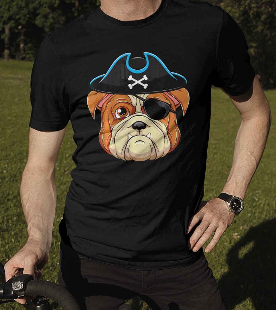 English Bulldog Pirate Hat Eye Patch Skull Crossbones T-Shirt