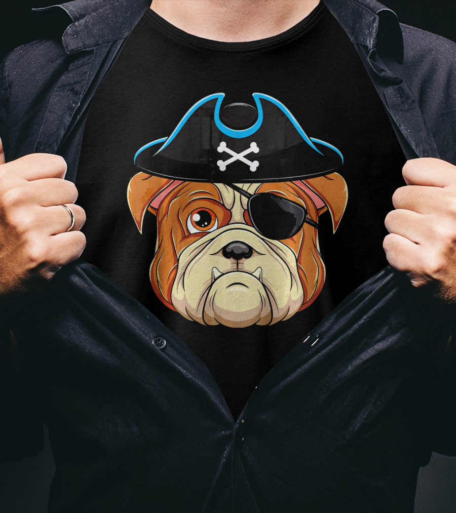 English Bulldog Pirate Hat Eye Patch Skull Crossbones T-Shirt