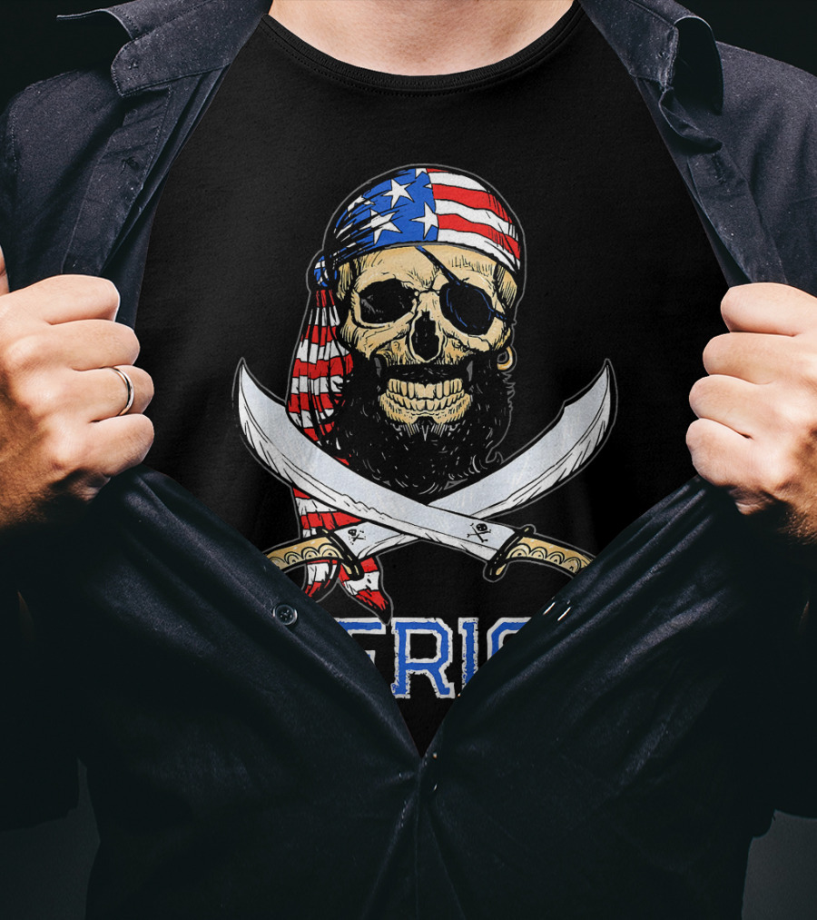 MERICA Bearded Pirate Skull With American Flag Bandana And Crossed Swords T-Shirt
