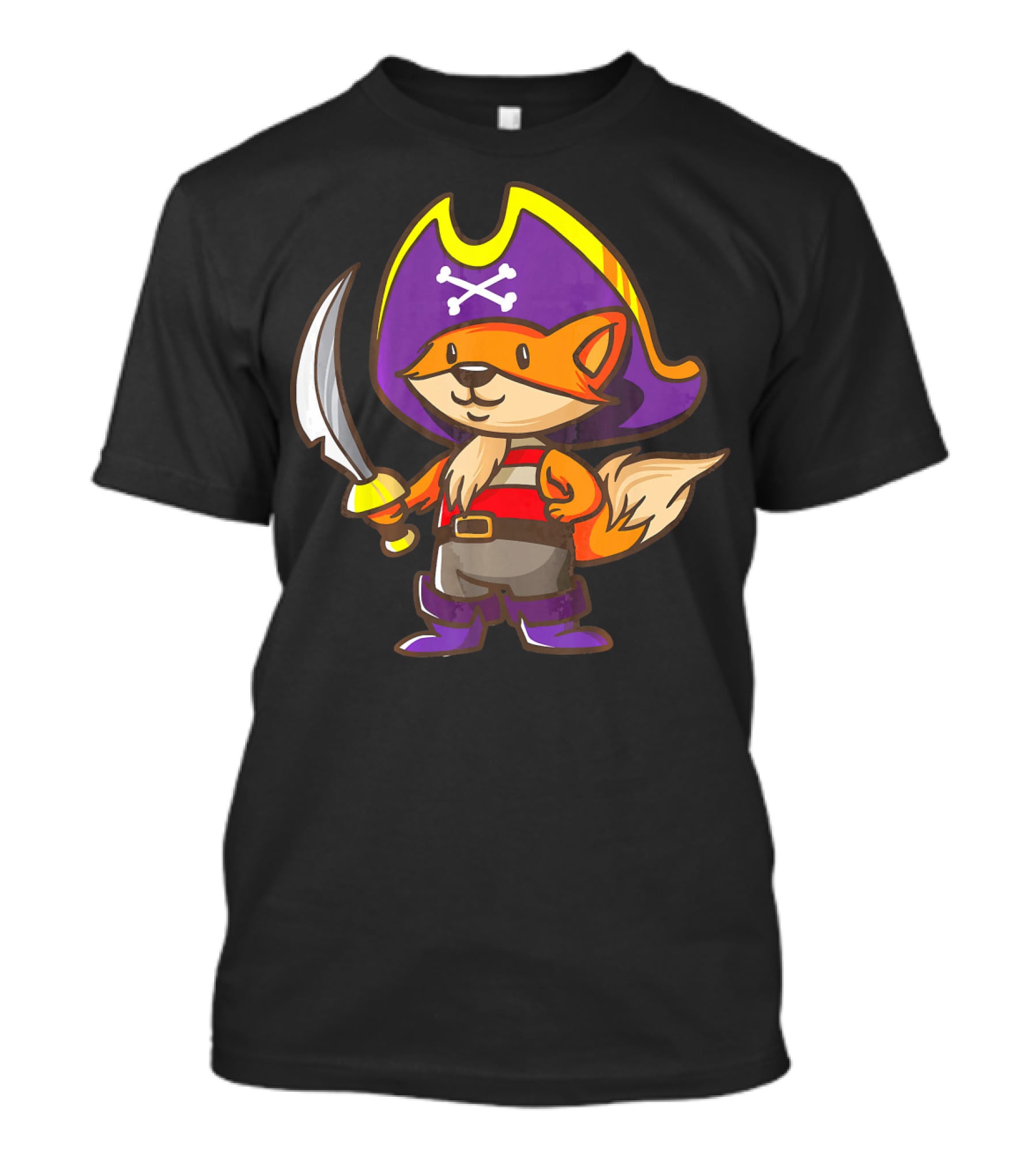 Pirate Fox Halloween Party Costume With Sword And Pirate Hat Featuring Crossbones T-Shirt