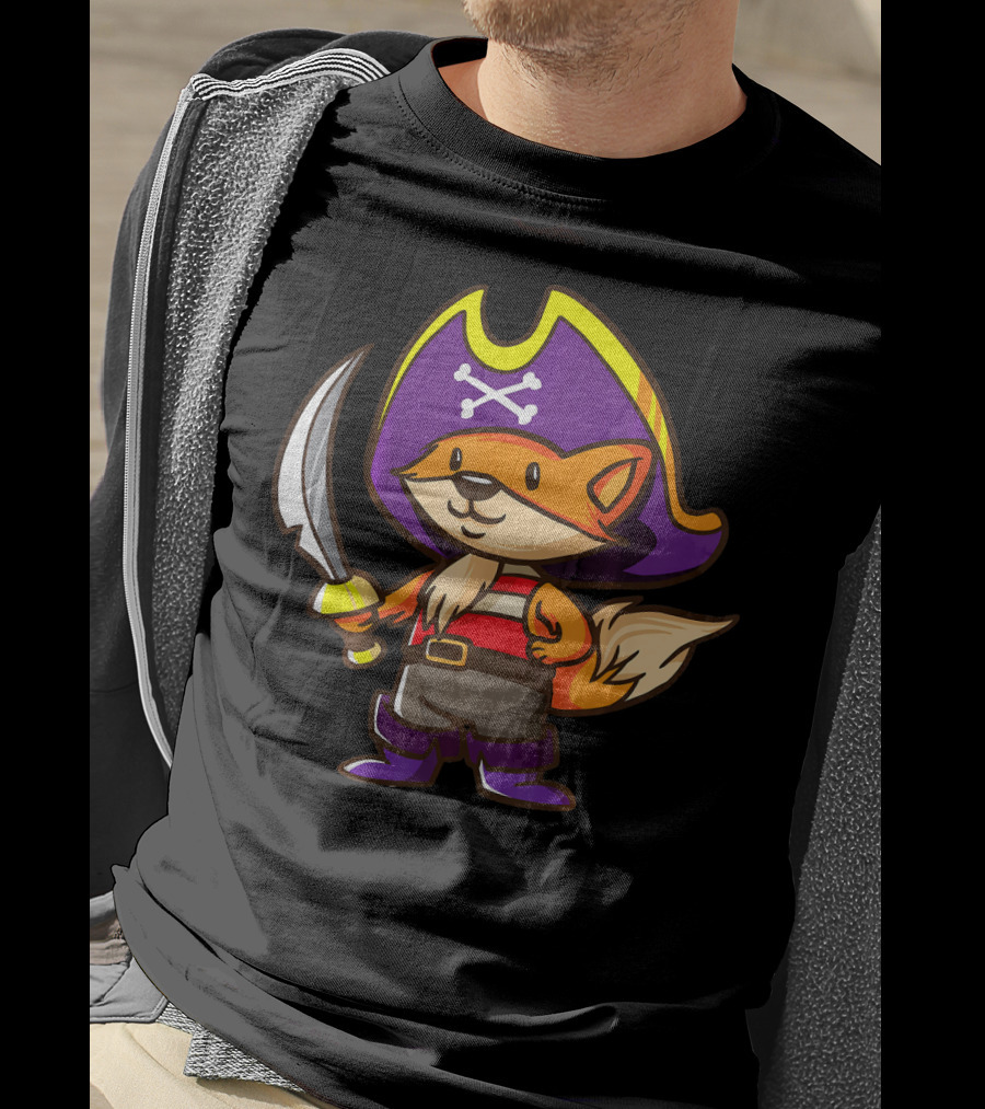 Pirate Fox Halloween Party Costume With Sword And Pirate Hat Featuring Crossbones T-Shirt