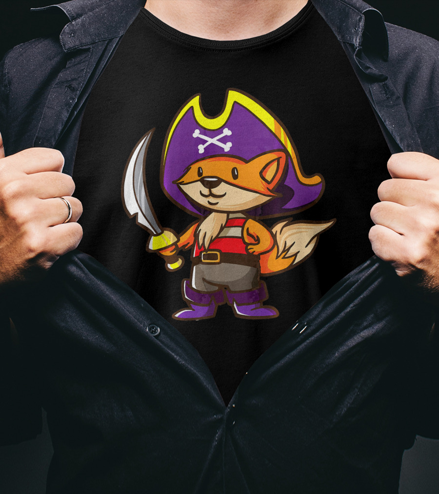 Pirate Fox Halloween Party Costume With Sword And Pirate Hat Featuring Crossbones T-Shirt