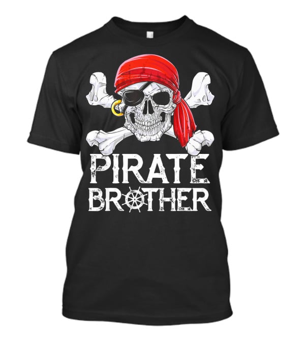 Pirate Brother Skull With Eyepatch And Red Bandana Jolly Roger Flag T-Shirt