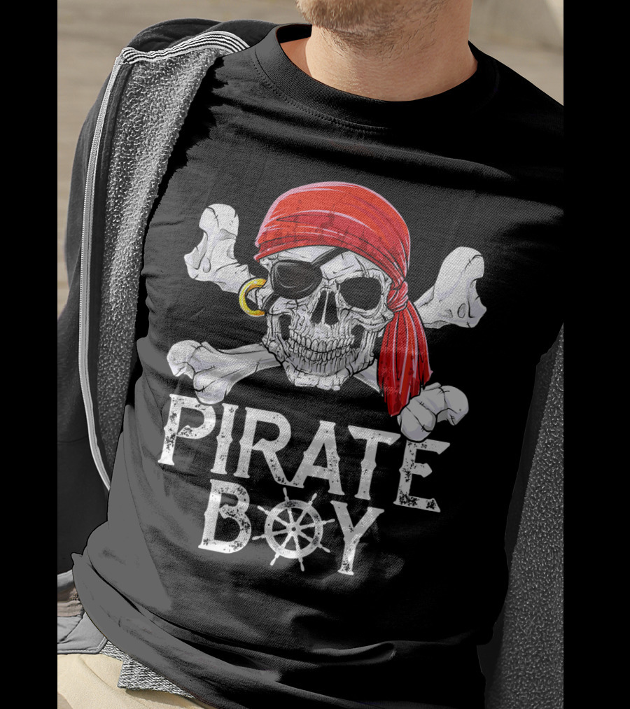 Pirate Boy Jolly Roger Skull With Red Bandana And Crossbones T-Shirt