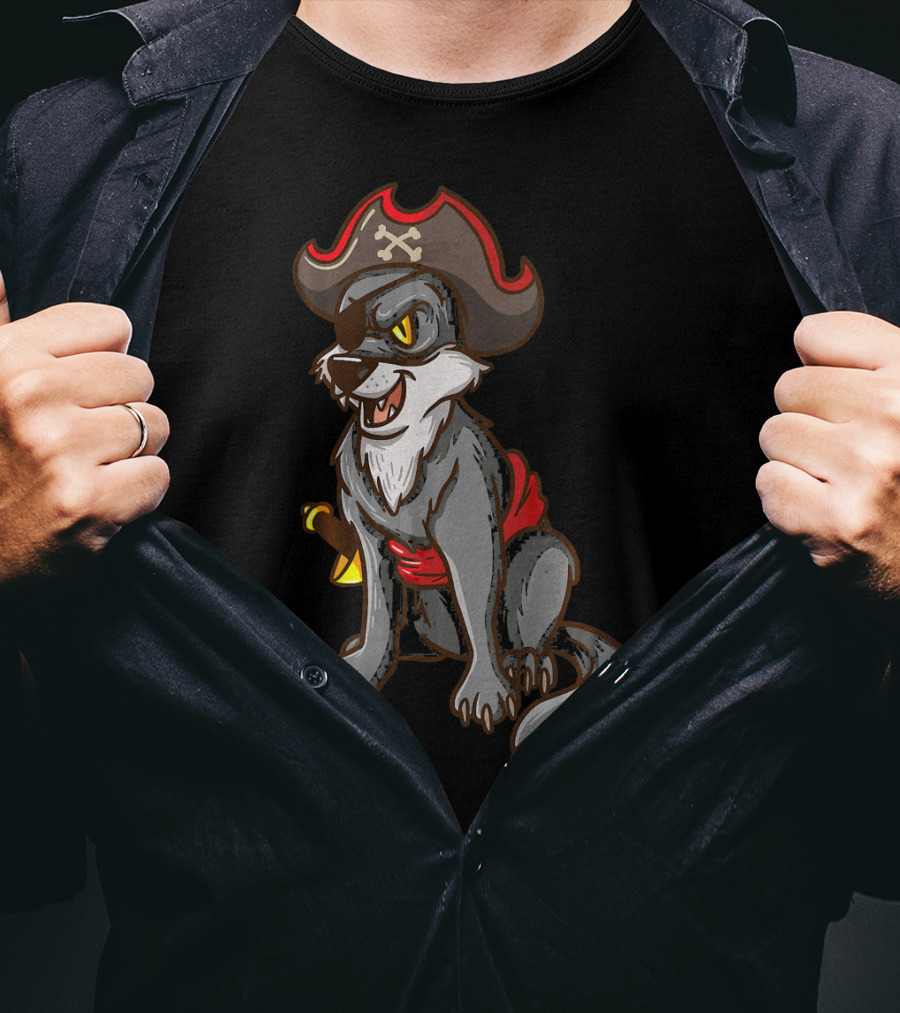 Pirate Wolf Halloween Party Costume With Sword And Hat T-Shirt