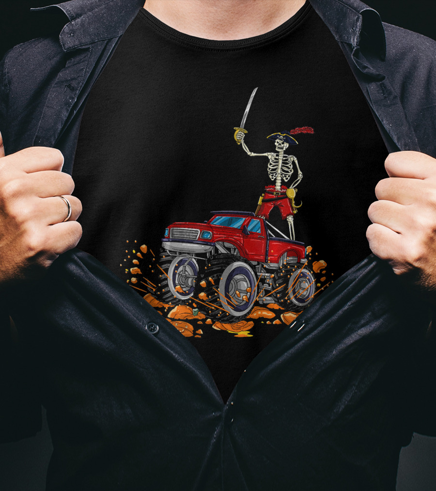 Halloween Skeleton Pirate Riding Monster Truck Over Pumpkins T-Shirt