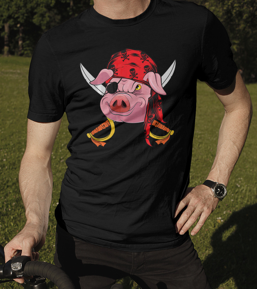 Pirate Pig With Eye Patch And Swords Halloween Costume T-Shirt