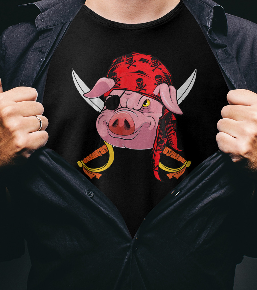 Pirate Pig With Eye Patch And Swords Halloween Costume T-Shirt