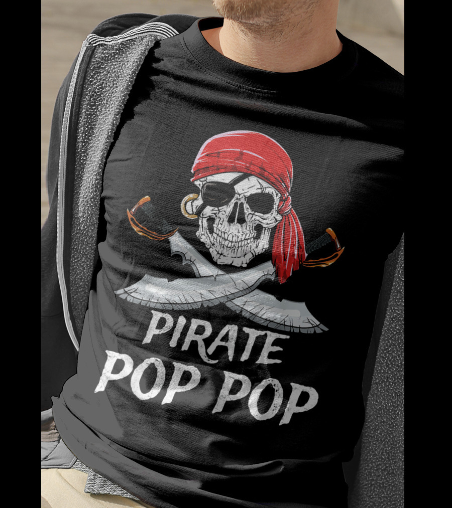Pirate Pop Pop Skull With Red Bandana And Crossed Swords T-Shirt