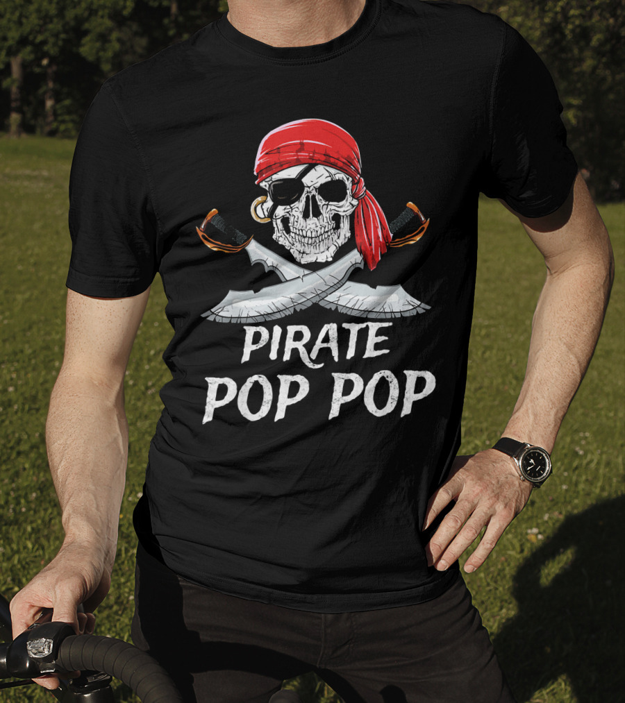 Pirate Pop Pop Skull With Red Bandana And Crossed Swords T-Shirt