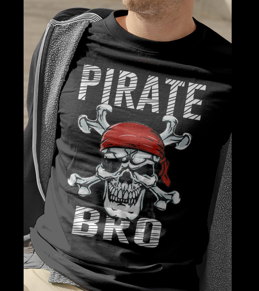 Pirate Bro Skull With Crossbones And Red Bandana T-Shirt